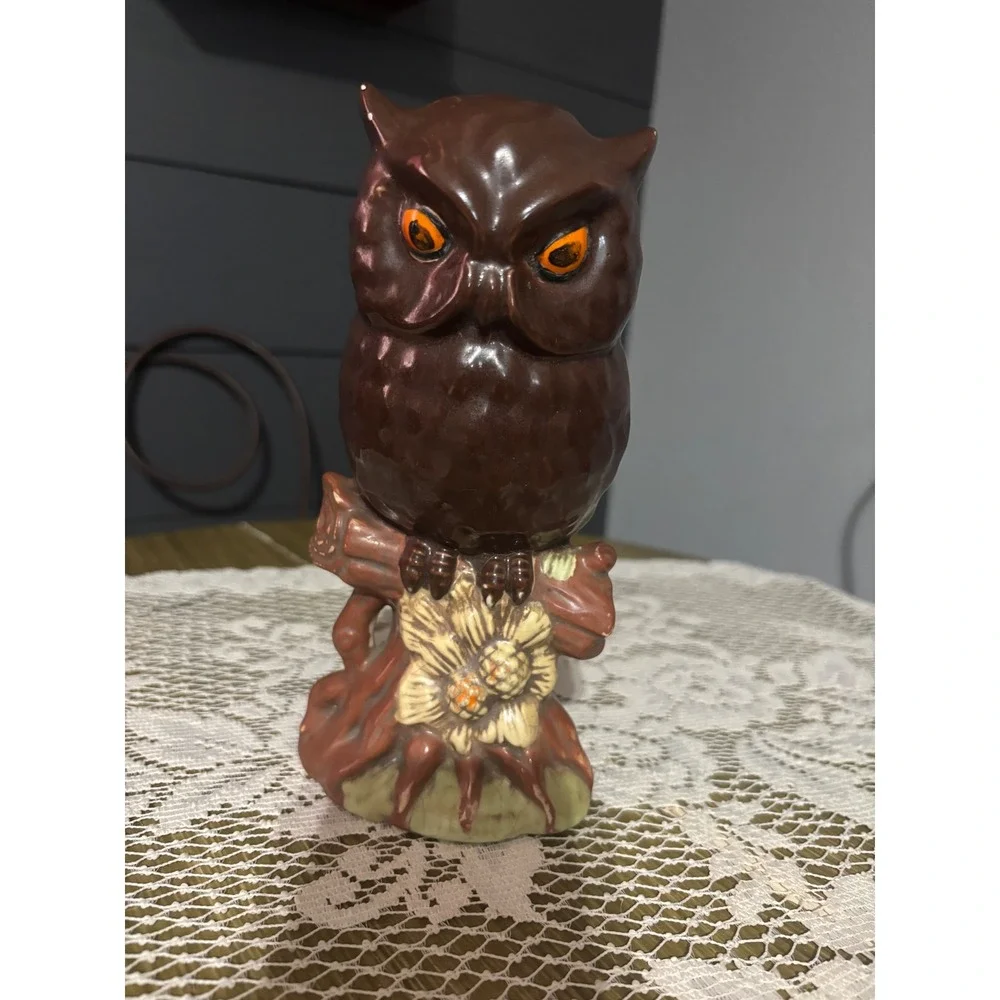 Vintage Ceramic Owl Figurine Brown Glossy Orange Eyes Sunflower Base 8.5 Inch